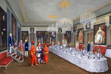 Esszimmer mit einer Serie von Porträts der Habsburger Kaiser, Villa Lazarovich, Triester Residenz von Maximilian von Habsburg, Tempera von Germano Prosdocimi