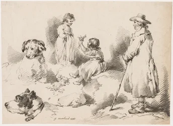 Studien von Kindern, zwei kleine Mädchen, zwei Hunde, ein Mann, 1793