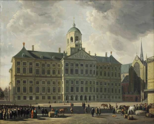 Ein Blick auf den Dam mit dem neuen Rathaus, der Nieuwe Kerk und der Waag, Amsterdam