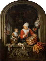 Frau verkauft Hering und Mädchen im Fenster