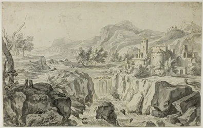 Italienische Landschaft mit Wasserfall und Gebäuden