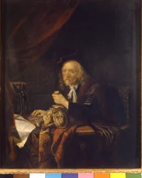 Ein misstrauischer Mann zählt sein Geld, indem er eine Geldbörse in der Hand hält. Gemälde von Gerard Dou (oder Gerrit Dow) (1613-1675) 17. Jahrhundert Mailand Museo del Castello