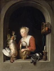 Die holländische Hausfrau oder Die Frau, die einen Hahn ins Fenster hängt, 1650