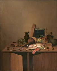 Küchenstillleben mit Fleisch, Fisch und Gemüse