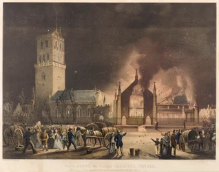 Ost-, Süd- und Kreuzkirchen, Dundee, wie sie am Sonntag, dem 3. Januar 1841, in Flammen standen, ca. 1841