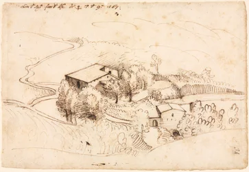 Bauernhof mit Bäumen in einer hügeligen Landschaft, 1567