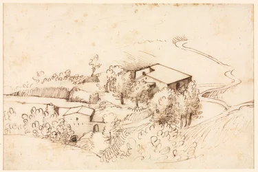 Bauernhof mit Bäumen in einer hügeligen Landschaft, 1567