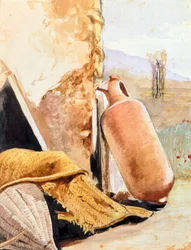 Stillleben mit Krug und Landschaft