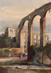 Frauen unter dem römischen Aquädukt in Maddaloni, mit Ergänzungen eines Borbone-Schülers, möglicherweise Prinzessin Maria Annunziata di Borbone (1843-1871)