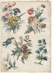 Florale Designs mit einem blauen Vogel, um 1773-1774