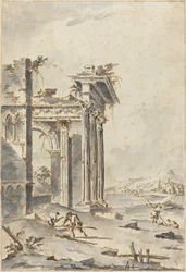 Capriccio von klassischen Ruinen an einer Küste