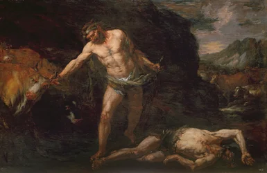 Herkules tötet den Riesen Cacus und stiehlt das Vieh von Geryon zurück