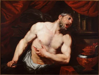 Der Selbstmord des Cato von Utica (Marcus Porcius Cato Uticensis oder Cato der Jüngere) (95-46 v. Chr.), römischer Politiker. Giambattista Langetti (1621-1676). Maße 93 x 123 cm, Genua, Musei di Strada Nuova