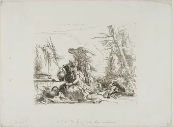 Eine Frau mit gefesselten Armen und vier weitere Figuren, aus Capricci