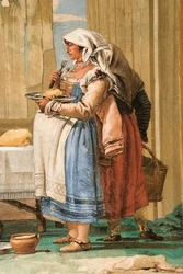 (Detail) Bauernfamilie am Tisch, aus dem Raum der ländlichen Szenen, in der Foresteria, 1757