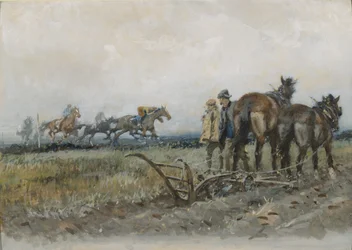 Rennpferde beim Training, beobachtet von Pflügern