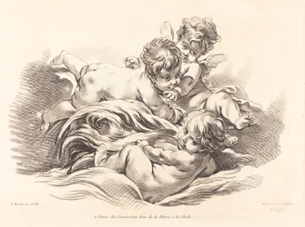 Drei Cherubim spielen auf einer delfinartigen Welle