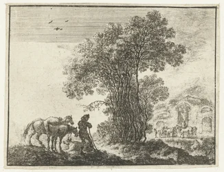 Landschaft mit einem Bauern und zwei Pferden