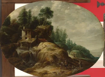 Wassermühle bei einem bewaldeten Felsvorsprung