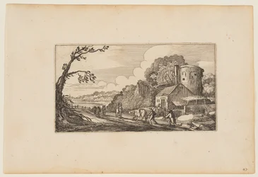 Pfad links von einem Bauernhof, dominiert von einem runden Turm, aus Zwölf Landschaften mit Figuren