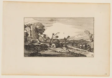 Pfad rechts vom Wasser; Römische Ruinen links, aus Zwölf Landschaften mit Figuren