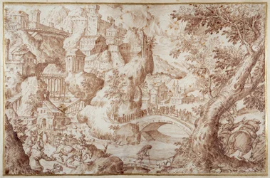Fantastische Berglandschaft mit Brücken, die Schluchten überspannen, eine Stadt und Reisende