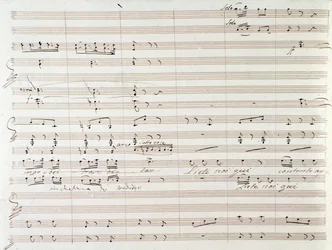 Seite der Partitur von Le Comte Ory mit handschriftlichen Korrekturen von Gioacchino Rossini