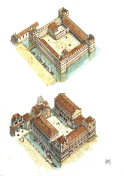 Luftansicht der Bauphasen des Dogenpalastes auf dem Markusplatz in Venedig im 7. und 12. Jahrhundert. Italien