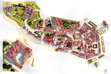 Luftaufnahme der Stadt Guimaraes: links das Schloss und das Kloster, erbaut im 11. Jahrhundert. Portugal. Illustration von Giorgio Albertini
