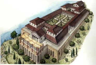 Antikes Rom: Rekonstruktion der römischen Villa Catulle oder Cave di Catullo, Residenz des gleichnamigen lateinischen Dichters (1. Jahrhundert v. Chr.), gelegen um Sirmione, am südlichen Ufer des Gardasees. Italien.