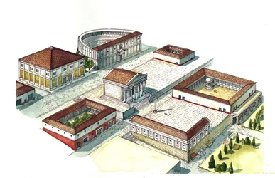 Antikes Rom: Rekonstruktion des Zentrums der Stadt Neapel mit dem Amphitheater, dem Tempel. Italien