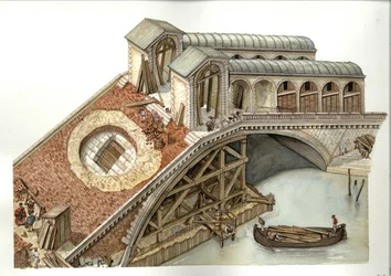 Architektur: Bau der Rialto-Brücke 1588-1591 in Venedig, Italien. Illustration von Giorgio Albertini.