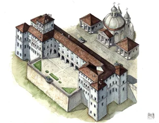 Barockkunst: Luftansicht des Palastes Chigi in Ariccia, Lazio, im 17. Jahrhundert, Italien