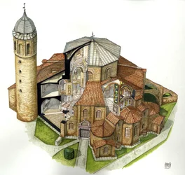 Byzantinische Kunst: Darstellung der Basilika von St. Vital in Ravenna, 5. Jahrhundert. Luftansicht mit Schnitten, um das Innere zu sehen. Illustration von Giorgio Albertini.