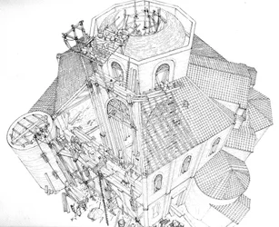 Byzantinische Kunst: Darstellung der Baustelle der Basilika San Vitale in Ravenna im 5. Jahrhundert. Luftansicht zeigt die Arbeiter auf dem Gerüst, die am Rahmen der Kuppel arbeiten. Italien Illustration von Giorgi