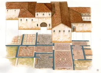 Byzantinische Kunst: Ansicht der Domus-Stätte der Steinteppiche (dei tappeti di pietra) in Ravenna im 6. Jahrhundert, bestehend aus Mosaiken eines byzantinischen Palastes.