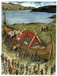 Zeremonie der Beerdigung bei den Wikingern, der Verstorbene wird in ein gescheitertes Boot (Drakkar) gelegt, gefüllt mit geopferten Tieren und Gegenständen des Begräbnisbeigaben, wartend auf die Einäscherung. 10. Jahrhundert
