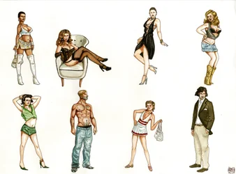 Kostüme von Prostituierten und Gigolos mit provokativen Haltungen und verschiedenen Stilen