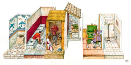 Alltagsleben: Entwicklung der sanitären Systeme und Hygiene: Tafel, die Toiletten, Toiletten, Schrank, Wasserabflusssystem von der Antike bis zur Neuzeit darstellt, von links nach rechts, ein Loch, das aus der Erde geschnitten wurde, in der Mitte der To