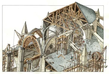 Gotische Kunst: Rekonstruktion der Baustelle einer gotischen Kathedrale, die Arbeiter klettern auf Gerüsten und benutzen Flaschenzüge. 13. Jahrhundert Illustration von Giorgio Albertini