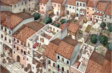 Mittelalter: Luftansicht von Wohnhäusern, Querschnittsansichten des Inneren der Wohnhäuser in Florenz, Italien im 13. Jahrhundert.