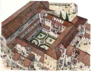 Rekonstruktion eines Klosters und das Leben der Nonnen oder Mönche. Illustration von Giorgio Albertini.