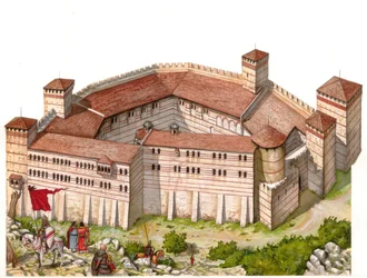 Mittelalter: Blick auf das Kloster von Tarnowo im 14. Jahrhundert in Serbien (heutiges Kosovo)