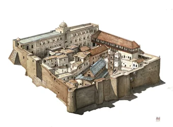 Übersicht des orthodoxen Klosters St. Katharina von Sinai in Ägypten. Illustration von Giorgio Albertini
