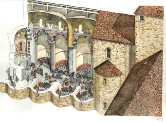 Rekonstruktion der Basilika St. Johannes im Lateran im 8. Jahrhundert: Der architektonische Schnitt zeigt das Triclinium und die Einweihungszeremonie eines Papstes. Rom