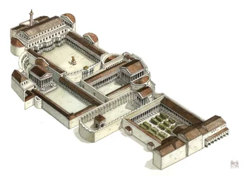 Römische Antike: Rekonstruktion des Forums von Trajan (Foro di Traiano) im 3. Jahrhundert n. Chr., Rom. Italien