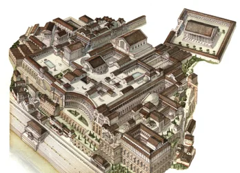 Römische Antike: Rekonstruktion des Palatin-Hügels im 4. Jahrhundert, auf dem aufeinanderfolgende Kaiser (Augustus, Nero, Septimius Severus) ihre jeweiligen Paläste bauten. Rom, Italien