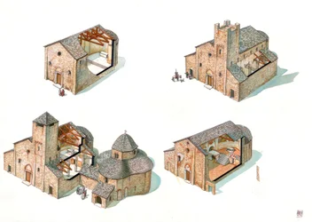 Romanische Kunst: Beschreibung der Bauphasen mit Schnitten, die den Fortschritt der Baustelle und das Innere der Abtei von St. Vincent de Galliano zeigen, einschließlich der Basilika San Vincenzo und des Baptisteriums