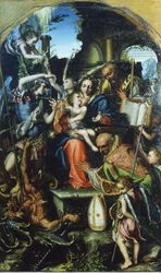 Heilige Familie mit Erzengel Michael und dem Teufel, der um Seelen kämpft, Heiliger Bernhard und