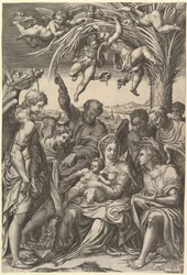 Ruhe auf der Flucht nach Ägypten, die Heilige Familie unter einer Palme, umgeben von Engeln, put..., 1578